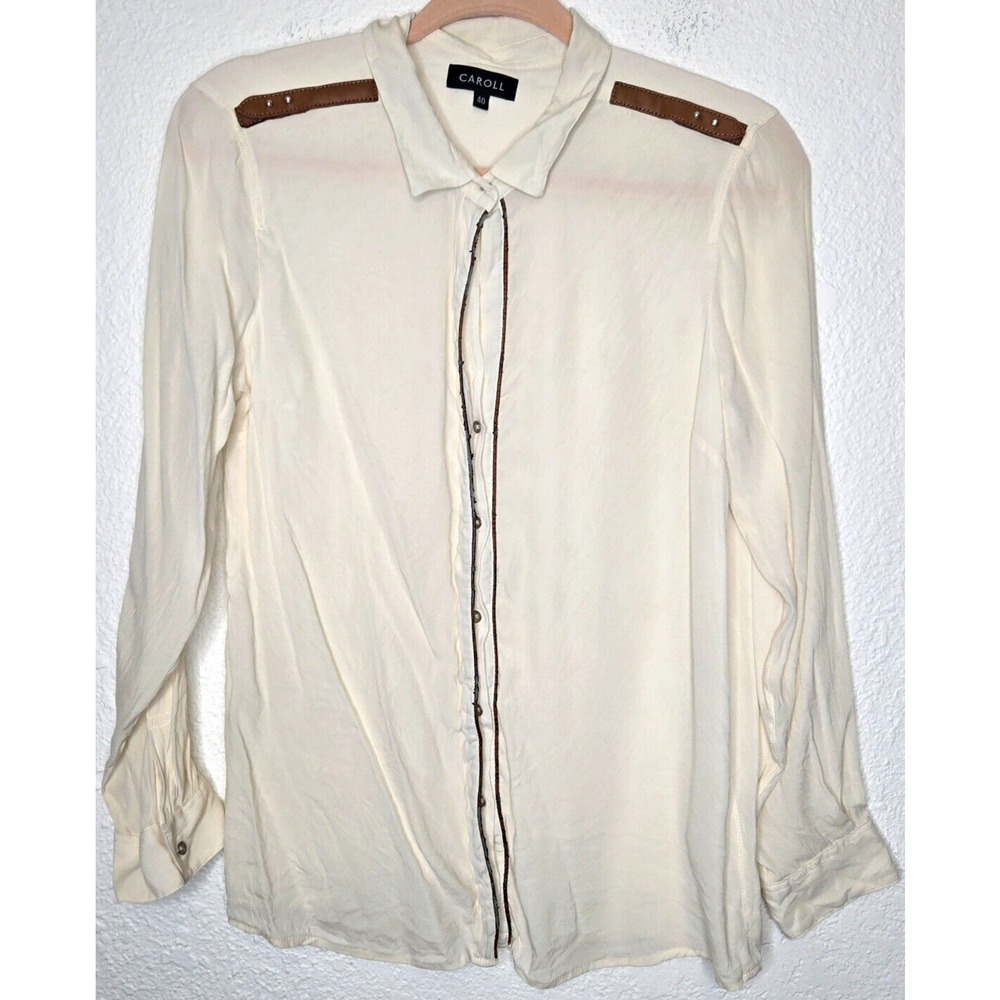 Caroll Womens Button Up Shirt 40 8 Ivory‎ Silk Stretchy Long Sleeve Western Thin